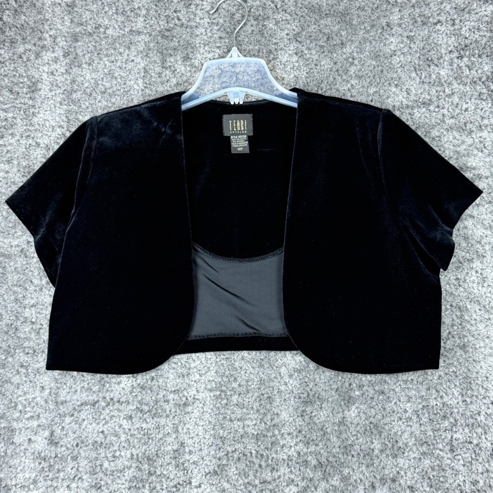 Teddi Evening Sz 12P Black Velvet Bolero Shrug Jacket Short Sleeve Shoulder Pads